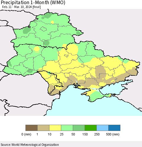 Ukraine, Moldova and Belarus Precipitation 1-Month (WMO) Thematic Map For 2/11/2024 - 3/10/2024