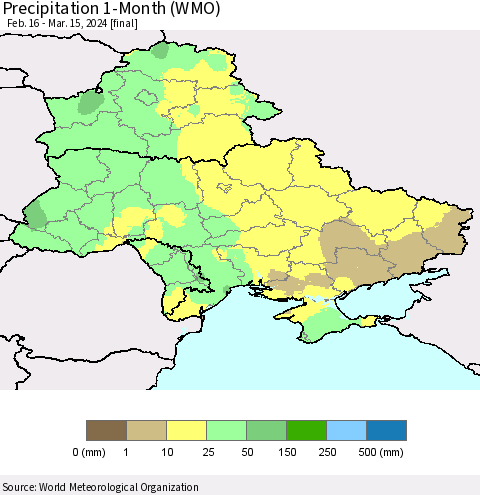 Ukraine, Moldova and Belarus Precipitation 1-Month (WMO) Thematic Map For 2/16/2024 - 3/15/2024