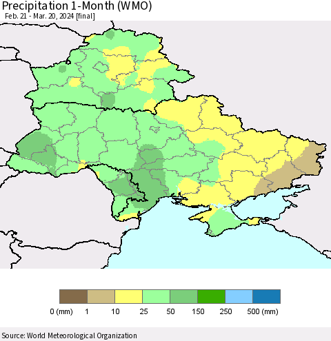 Ukraine, Moldova and Belarus Precipitation 1-Month (WMO) Thematic Map For 2/21/2024 - 3/20/2024