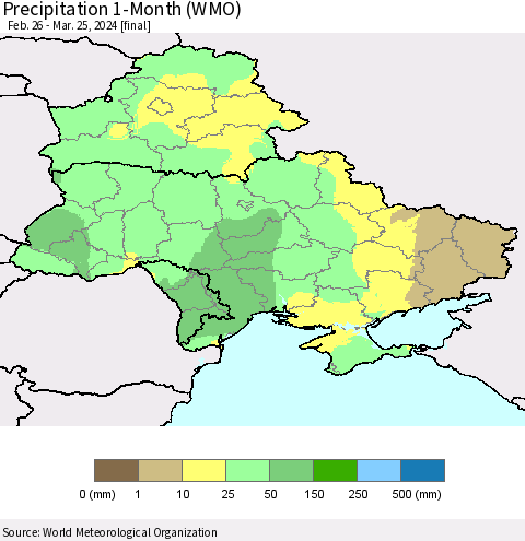 Ukraine, Moldova and Belarus Precipitation 1-Month (WMO) Thematic Map For 2/26/2024 - 3/25/2024