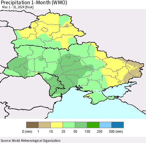 Ukraine, Moldova and Belarus Precipitation 1-Month (WMO) Thematic Map For 3/1/2024 - 3/31/2024