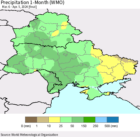 Ukraine, Moldova and Belarus Precipitation 1-Month (WMO) Thematic Map For 3/6/2024 - 4/5/2024