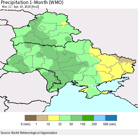 Ukraine, Moldova and Belarus Precipitation 1-Month (WMO) Thematic Map For 3/11/2024 - 4/10/2024