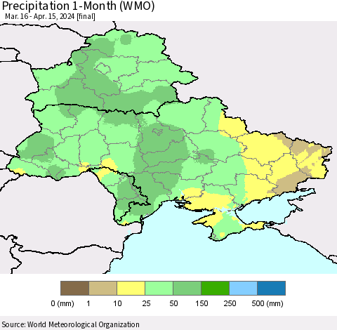 Ukraine, Moldova and Belarus Precipitation 1-Month (WMO) Thematic Map For 3/16/2024 - 4/15/2024
