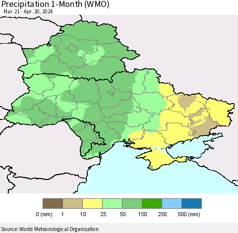 Ukraine, Moldova and Belarus Precipitation 1-Month (WMO) Thematic Map For 3/21/2024 - 4/20/2024