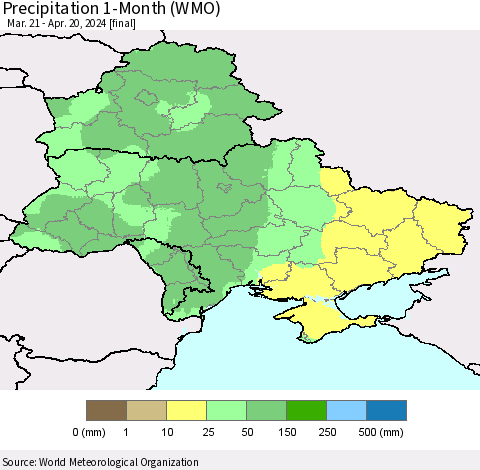 Ukraine, Moldova and Belarus Precipitation 1-Month (WMO) Thematic Map For 3/21/2024 - 4/20/2024