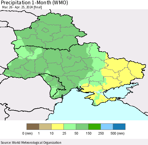 Ukraine, Moldova and Belarus Precipitation 1-Month (WMO) Thematic Map For 3/26/2024 - 4/25/2024