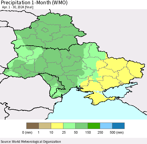 Ukraine, Moldova and Belarus Precipitation 1-Month (WMO) Thematic Map For 4/1/2024 - 4/30/2024