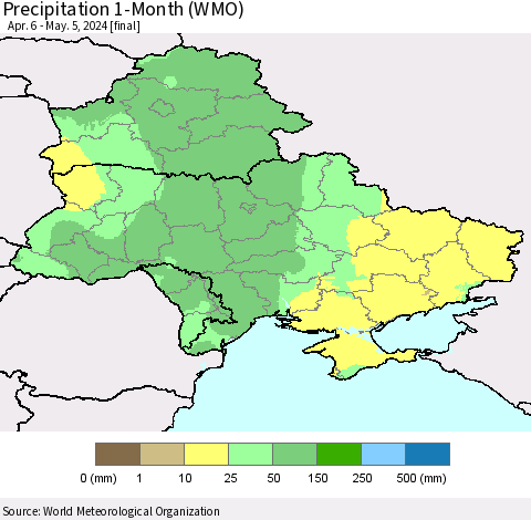 Ukraine, Moldova and Belarus Precipitation 1-Month (WMO) Thematic Map For 4/6/2024 - 5/5/2024