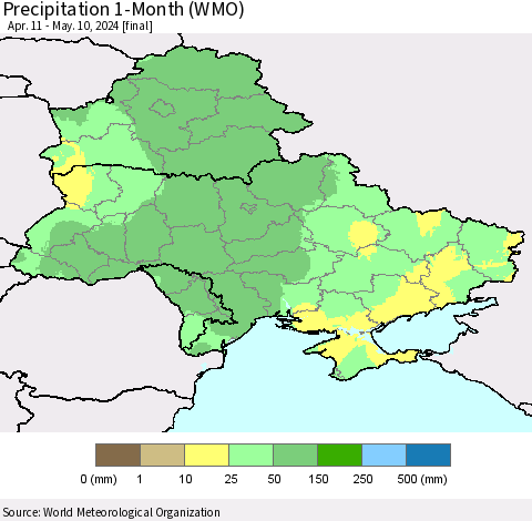 Ukraine, Moldova and Belarus Precipitation 1-Month (WMO) Thematic Map For 4/11/2024 - 5/10/2024