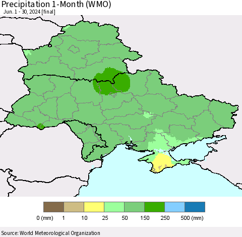 Ukraine, Moldova and Belarus Precipitation 1-Month (WMO) Thematic Map For 6/1/2024 - 6/30/2024