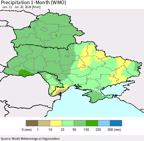 Ukraine, Moldova and Belarus Precipitation 1-Month (WMO) Thematic Map For 6/21/2024 - 7/20/2024