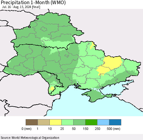 Ukraine, Moldova and Belarus Precipitation 1-Month (WMO) Thematic Map For 7/16/2024 - 8/15/2024