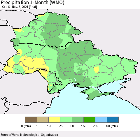 Ukraine, Moldova and Belarus Precipitation 1-Month (WMO) Thematic Map For 10/6/2024 - 11/5/2024