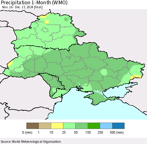 Ukraine, Moldova and Belarus Precipitation 1-Month (WMO) Thematic Map For 11/16/2024 - 12/15/2024