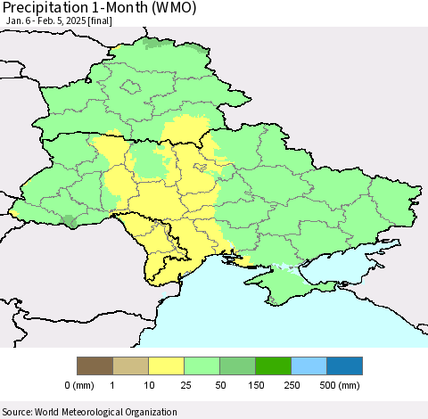 Ukraine, Moldova and Belarus Precipitation 1-Month (WMO) Thematic Map For 1/6/2025 - 2/5/2025