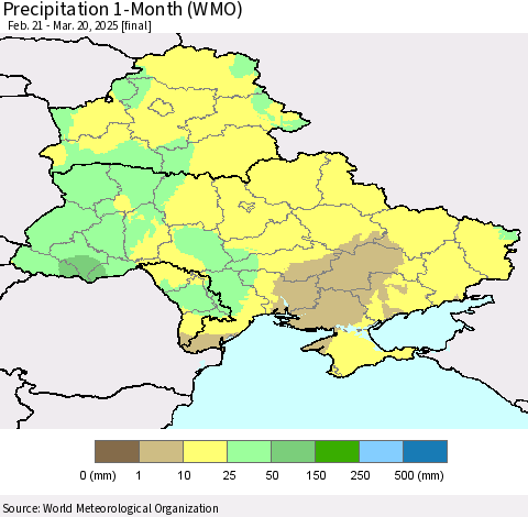 Ukraine, Moldova and Belarus Precipitation 1-Month (WMO) Thematic Map For 2/21/2025 - 3/20/2025
