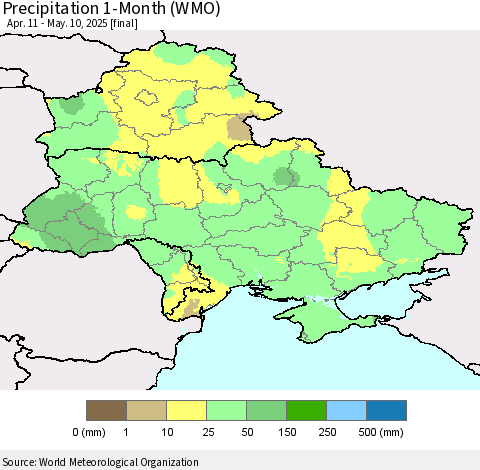 Ukraine, Moldova and Belarus Precipitation 1-Month (WMO) Thematic Map For 4/11/2025 - 5/10/2025