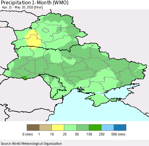 Ukraine, Moldova and Belarus Precipitation 1-Month (WMO) Thematic Map For 4/21/2025 - 5/20/2025