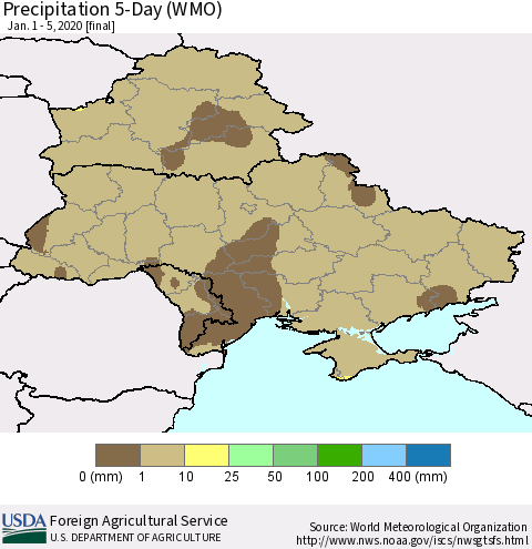 Ukraine, Moldova and Belarus Precipitation 5-Day (WMO) Thematic Map For 1/1/2020 - 1/5/2020