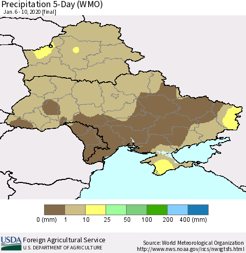 Ukraine, Moldova and Belarus Precipitation 5-Day (WMO) Thematic Map For 1/6/2020 - 1/10/2020