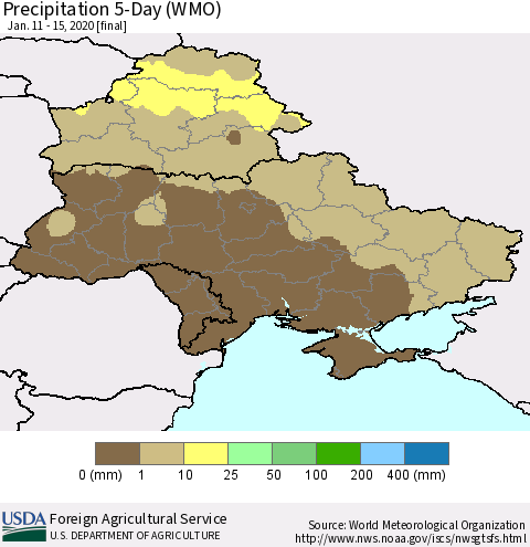Ukraine, Moldova and Belarus Precipitation 5-Day (WMO) Thematic Map For 1/11/2020 - 1/15/2020