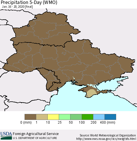 Ukraine, Moldova and Belarus Precipitation 5-Day (WMO) Thematic Map For 1/16/2020 - 1/20/2020