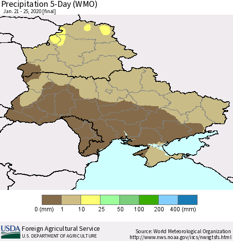 Ukraine, Moldova and Belarus Precipitation 5-Day (WMO) Thematic Map For 1/21/2020 - 1/25/2020