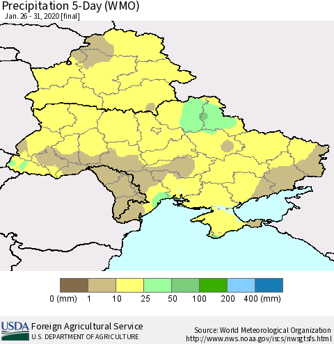 Ukraine, Moldova and Belarus Precipitation 5-Day (WMO) Thematic Map For 1/26/2020 - 1/31/2020