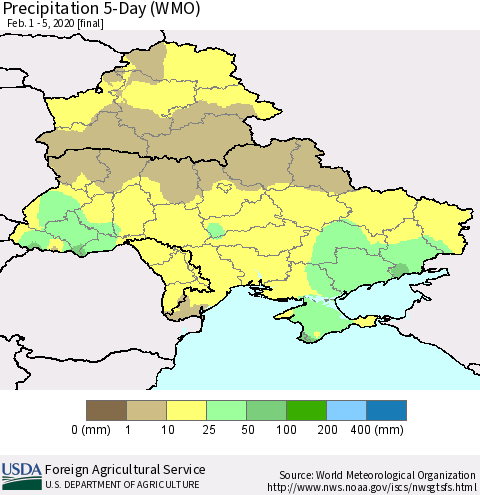 Ukraine, Moldova and Belarus Precipitation 5-Day (WMO) Thematic Map For 2/1/2020 - 2/5/2020