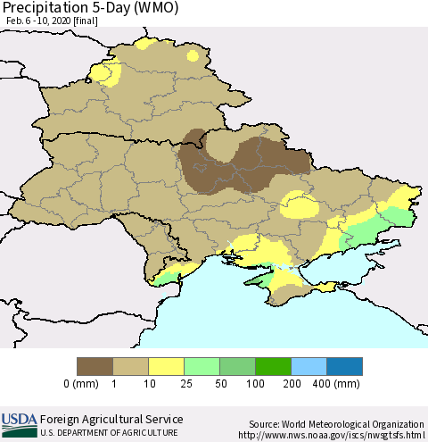 Ukraine, Moldova and Belarus Precipitation 5-Day (WMO) Thematic Map For 2/6/2020 - 2/10/2020