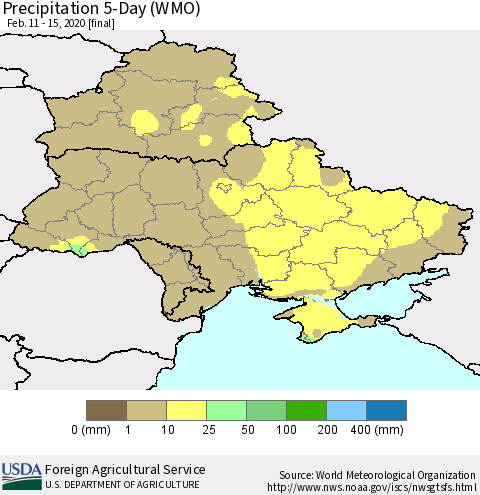 Ukraine, Moldova and Belarus Precipitation 5-Day (WMO) Thematic Map For 2/11/2020 - 2/15/2020