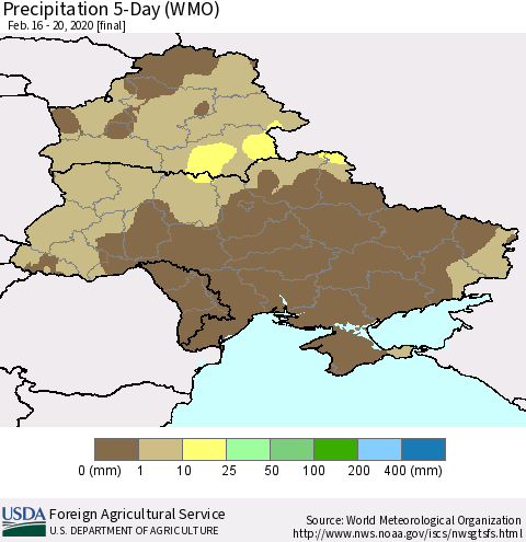 Ukraine, Moldova and Belarus Precipitation 5-Day (WMO) Thematic Map For 2/16/2020 - 2/20/2020