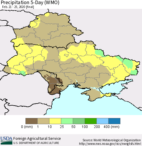 Ukraine, Moldova and Belarus Precipitation 5-Day (WMO) Thematic Map For 2/21/2020 - 2/25/2020