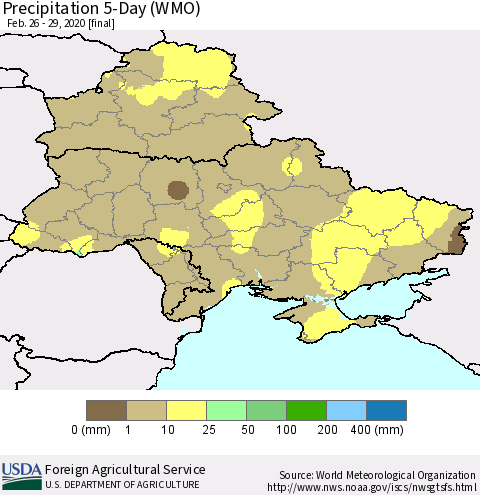 Ukraine, Moldova and Belarus Precipitation 5-Day (WMO) Thematic Map For 2/26/2020 - 2/29/2020