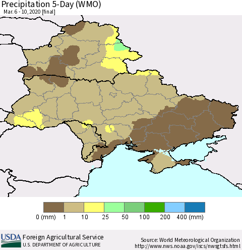 Ukraine, Moldova and Belarus Precipitation 5-Day (WMO) Thematic Map For 3/6/2020 - 3/10/2020