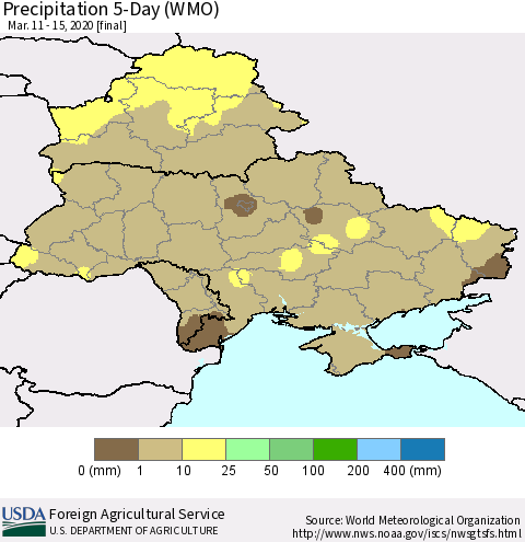 Ukraine, Moldova and Belarus Precipitation 5-Day (WMO) Thematic Map For 3/11/2020 - 3/15/2020