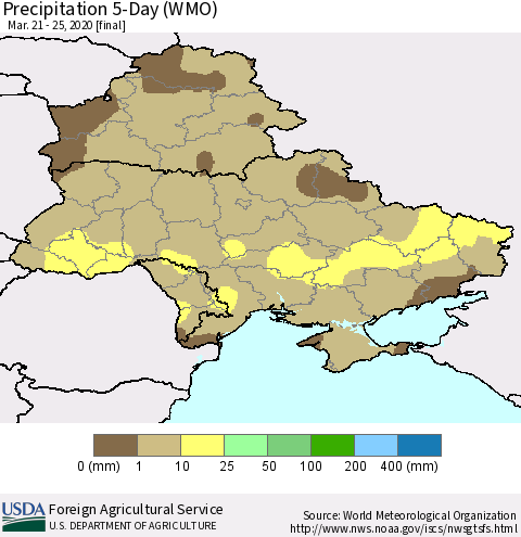 Ukraine, Moldova and Belarus Precipitation 5-Day (WMO) Thematic Map For 3/21/2020 - 3/25/2020