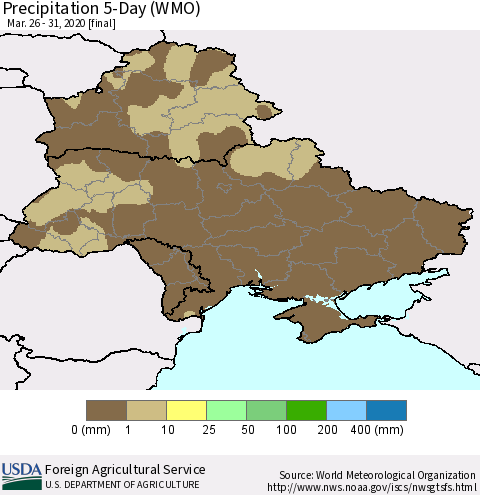 Ukraine, Moldova and Belarus Precipitation 5-Day (WMO) Thematic Map For 3/26/2020 - 3/31/2020