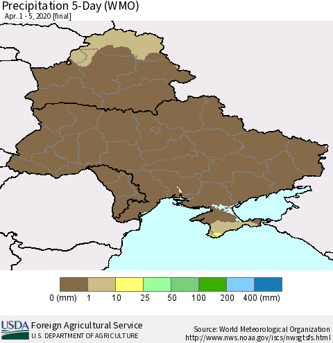 Ukraine, Moldova and Belarus Precipitation 5-Day (WMO) Thematic Map For 4/1/2020 - 4/5/2020