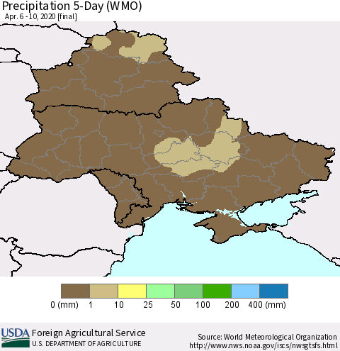 Ukraine, Moldova and Belarus Precipitation 5-Day (WMO) Thematic Map For 4/6/2020 - 4/10/2020