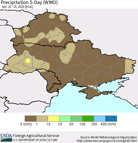 Ukraine, Moldova and Belarus Precipitation 5-Day (WMO) Thematic Map For 4/21/2020 - 4/25/2020