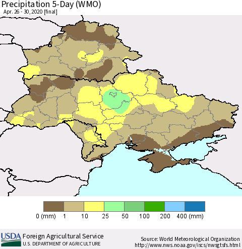 Ukraine, Moldova and Belarus Precipitation 5-Day (WMO) Thematic Map For 4/26/2020 - 4/30/2020