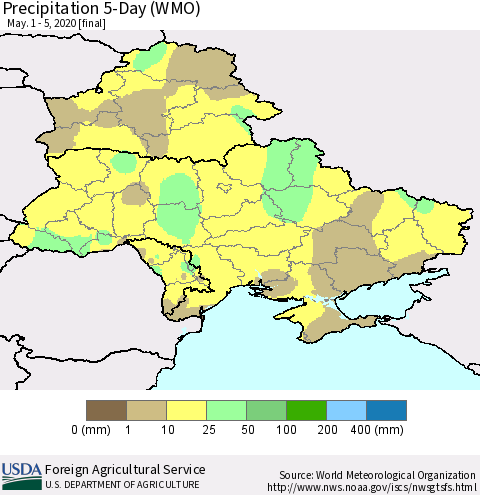 Ukraine, Moldova and Belarus Precipitation 5-Day (WMO) Thematic Map For 5/1/2020 - 5/5/2020