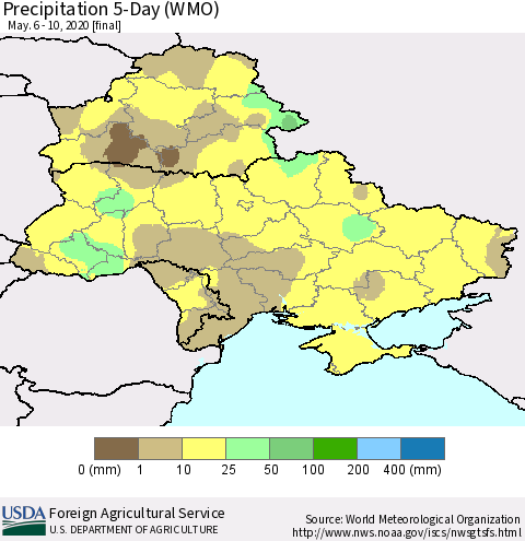 Ukraine, Moldova and Belarus Precipitation 5-Day (WMO) Thematic Map For 5/6/2020 - 5/10/2020