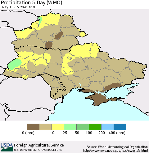 Ukraine, Moldova and Belarus Precipitation 5-Day (WMO) Thematic Map For 5/11/2020 - 5/15/2020