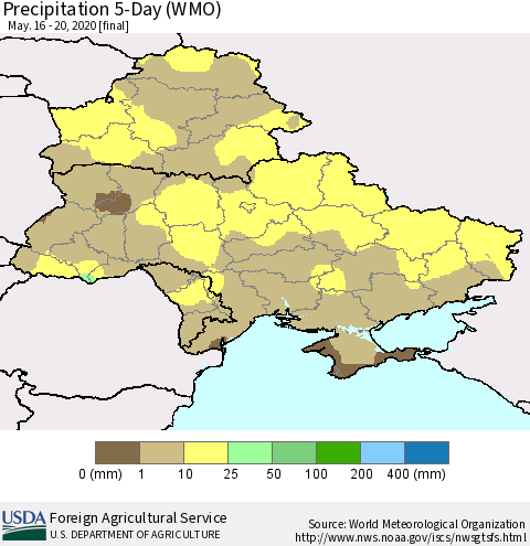 Ukraine, Moldova and Belarus Precipitation 5-Day (WMO) Thematic Map For 5/16/2020 - 5/20/2020