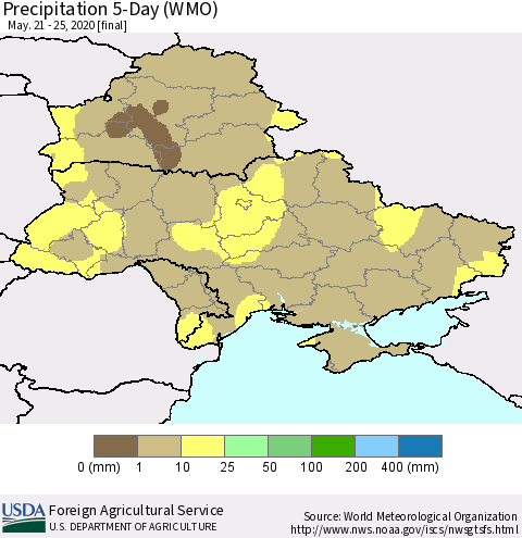 Ukraine, Moldova and Belarus Precipitation 5-Day (WMO) Thematic Map For 5/21/2020 - 5/25/2020