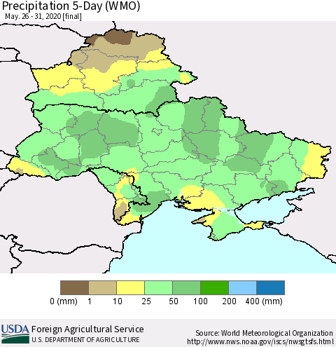 Ukraine, Moldova and Belarus Precipitation 5-Day (WMO) Thematic Map For 5/26/2020 - 5/31/2020