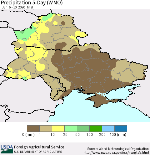 Ukraine, Moldova and Belarus Precipitation 5-Day (WMO) Thematic Map For 6/6/2020 - 6/10/2020